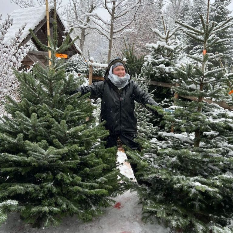 Frau präsentiert in jeder Hand ein Nordmanntanne "Nordmanntannen-Christbaum-Wildmoos"
